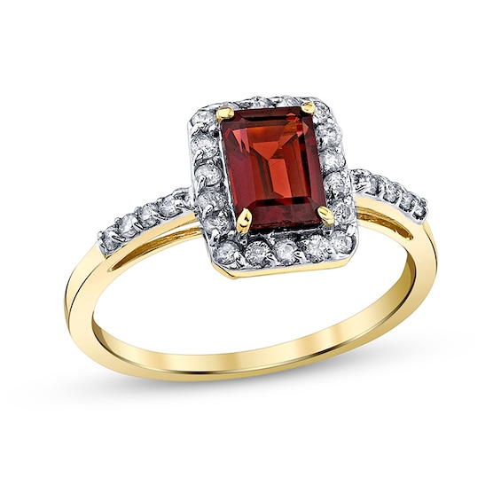Previously Owned - Emerald-Cut Garnet and 1/4 CT. T.w. Diamond Frame Ring in 14K Gold