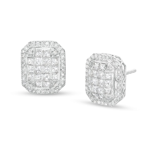 Previously Owned - 1-1/2 CT. T.w. Emerald-Shaped Multi-Diamond Frame Stud Earrings in 10K White Gold
