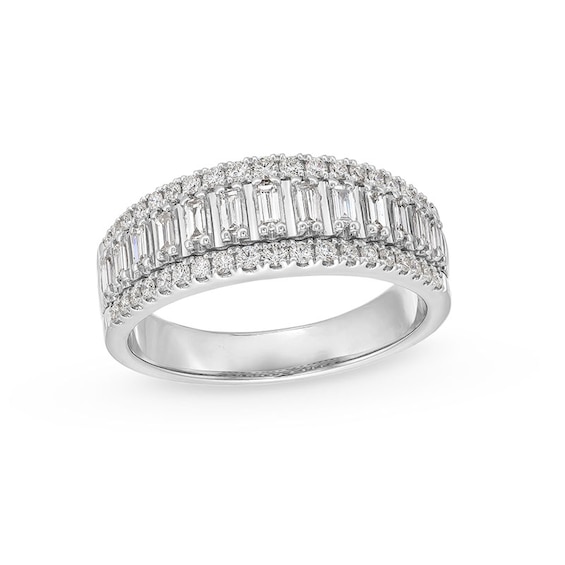 Previously Owned - 1/2 CT. T.w. Baguette-Cut and Round Diamond Triple Row Band in 14K White Gold