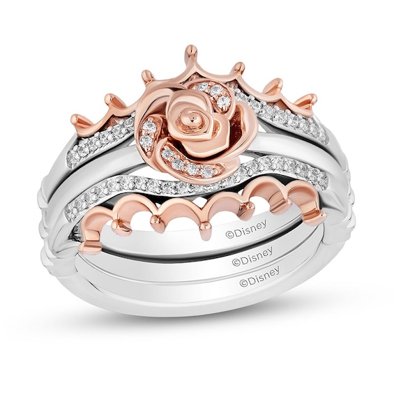 Previously Owned - Enchanted Disney Belle 1/5 CT. T.w. Diamond Rose and Crown Three Piece Ring Set in Sterling Silver