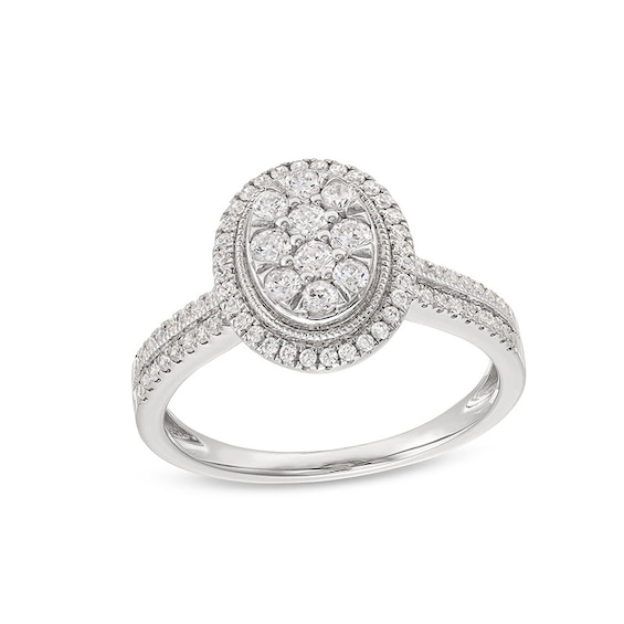 Previously Owned - 1/2 CT. T.w. Oval Multi-Diamond Frame Double Row Vintage-Style Engagement Ring in 10K White Gold
