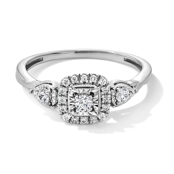 Previously Owned - 1/4 CT. T.w. Diamond Cushion Frame Petal-Sides Three Stone Engagement Ring in 10K White Gold