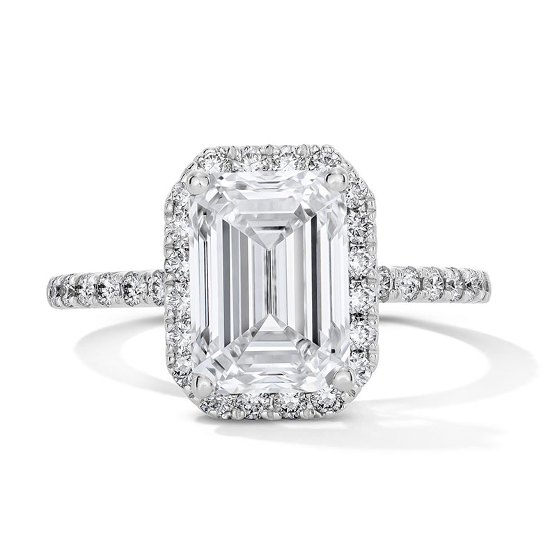 Main Image 1 of Previously Owned - 3-1/2 CT. T.W. Emerald-Cut Lab-Grown Diamond Frame Engagement Ring in 14K White Gold (F/VS2)
