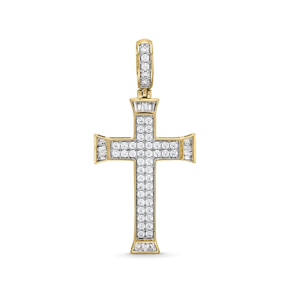Previously Owned - 1 CT. T.w. Baguette and Round Lab-Grown Diamond Cross Necklace Charm in 10K Gold (F/Si2)