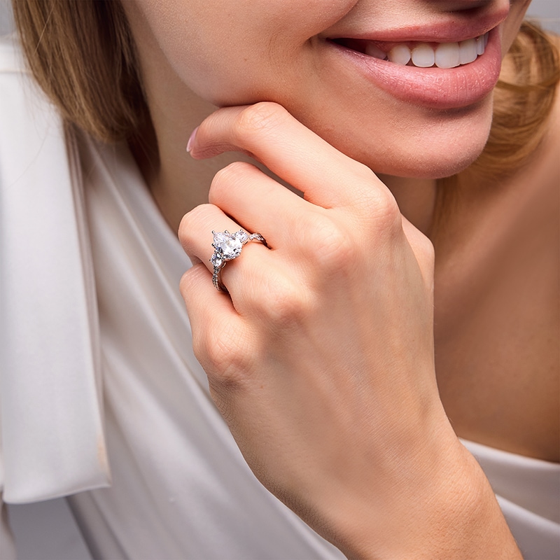 Main Image 2 of Previously Owned - 2-3/4 CT. T.W. Pear-Shaped Lab-Grown Diamond Three Stone Engagement Ring in 14K White Gold (F/SI2)