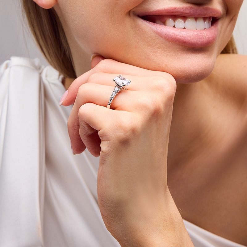 Main Image 2 of Previously Owned - 3-3/4 CT. T.W. Oval Lab-Grown Diamond Graduated Shank Engagement Ring in 14K White Gold (I/SI2)