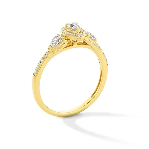 Previously Owned - 3/8 CT. T.w. Pear-Shaped Lab-Grown Diamond Frame Three Stone Promise Ring in 10K Gold (F/Si2)