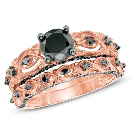Previously Owned - 1-3/8 CT. T.w. Black Diamond Vintage-Style Bridal Set in 10K Rose Gold