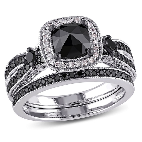 Previously Owned - 1-1/2 CT. T.w. Cushion-Shaped Black and White Diamond Square Frame Bridal Set in Sterling Silver
