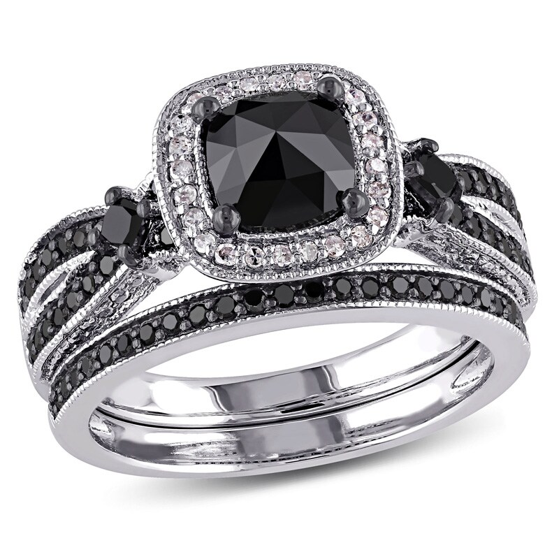 Main Image 1 of Previously Owned - 1-1/2 CT. T.W. Cushion-Shaped Black and White Diamond Square Frame Bridal Set in Sterling Silver