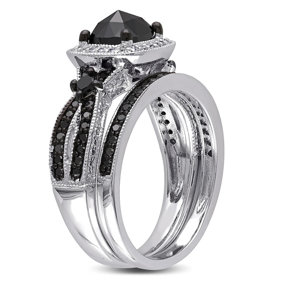 Previously Owned - 1-1/2 CT. T.w. Cushion-Shaped Black and White Diamond Square Frame Bridal Set in Sterling Silver