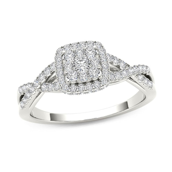Previously Owned - 1/2 CT. T.w. Multi-Diamond Square Frame Twist Shank Engagement Ring in 14K White Gold