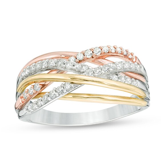 Previously Owned - 1/3 CT. T.w. Diamond Layered Crossover Ring in 10K Tri-Tone Gold