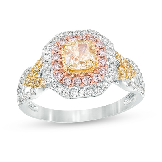 Previously Owned - 1-1/3 CT. T.w. Yellow Cushion-Cut Diamond Double Frame Engagement Ring in 14K Tri-Tone Gold
