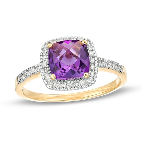 Previously Owned - 7.0mm Cushion-Shaped Amethyst and 1/5 CT. T.w. Diamond Frame Ring in 10K Gold