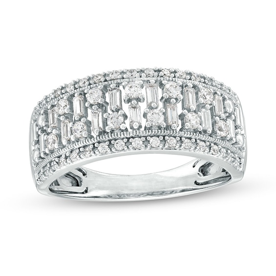 Previously Owned - 1/2 CT. T.w. Baguette and Round Diamond Multi-Row Column Ring in 14K White Gold