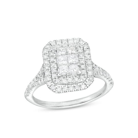 Previously Owned - 1 CT. T.w. Emerald-Shaped Multi-Diamond Double Frame Split Shank Ring in 10K White Gold