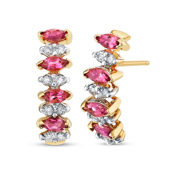 Previously Owned - Alternating Marquise-Cut Tourmaline and 1/4 CT. T.w. Diamond Hoop Earrings in 14K Gold
