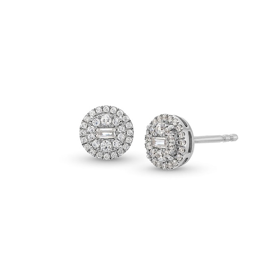 Previously Owned - 1/4 CT. T.w. Baguette and Round Multi-Diamond Frame Stud Earrings in 10K White Gold