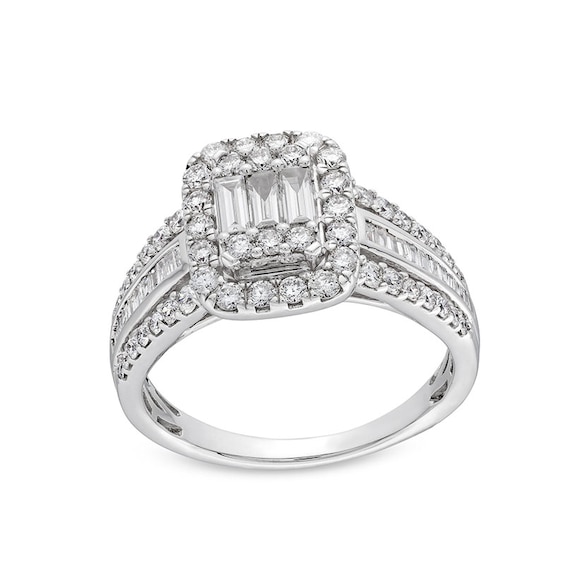Previously Owned - 1 CT. T.w. Emerald-Shaped Multi-Diamond Frame Triple Row Engagement Ring in 14K White Gold