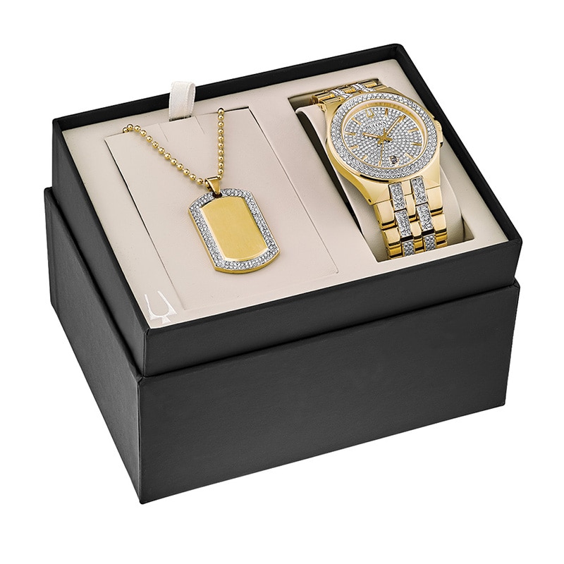 Main Image 1 of Previously Owned - Men's Bulova Crystal Accent Gold-Tone PVD Watch and Dog Tag Pendant Box Set (Model: 98K102)