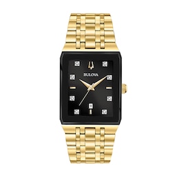 Previously Owned - Men's Bulova Modern Diamond Accent Gold-Tone Watch with Rectangular Black Dial (Model: 97D118)