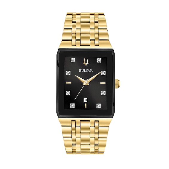 Previously Owned - Men's Bulova Modern Diamond Accent Gold-Tone Watch with Rectangular Black Dial (Model: 97D118)