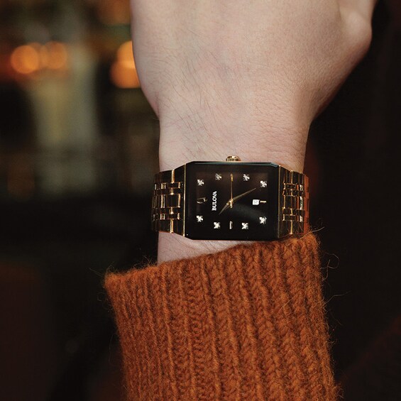 Previously Owned - Men's Bulova Modern Diamond Accent Gold-Tone Watch with Rectangular Black Dial (Model: 97D118)