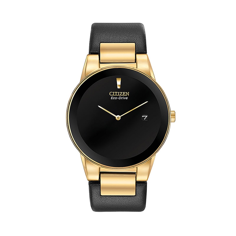 Main Image 1 of Previously Owned - Men's Citizen Eco-Drive® Axiom Gold-Tone Black Leather Strap Watch (Model: AU1062-05E)