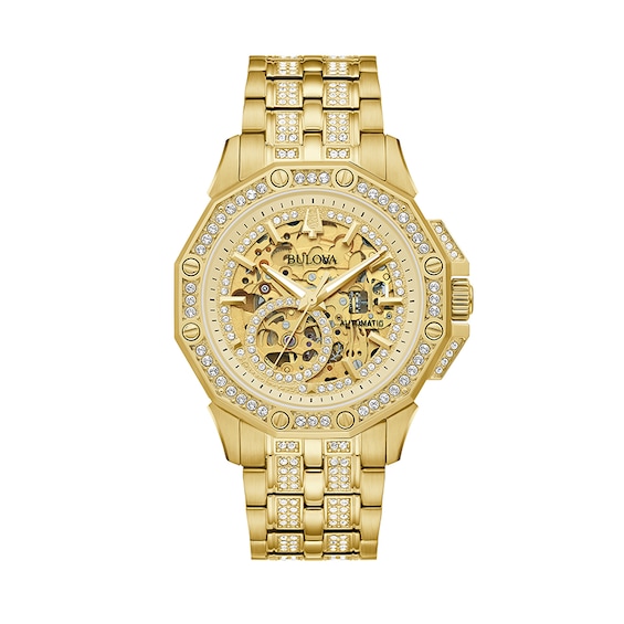 Previously Owned - Men's Bulova Octava Crystal Accent Gold-Tone Automatic Watch with Skeleton Dial (Model: 98A292)