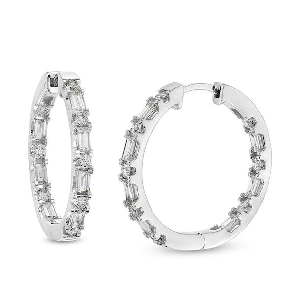 Previously Owned - 1-1/2 CT. T.w. Baguette and Round Lab-Grown Diamond Inside-Out Hoop Earrings in 14K White Gold