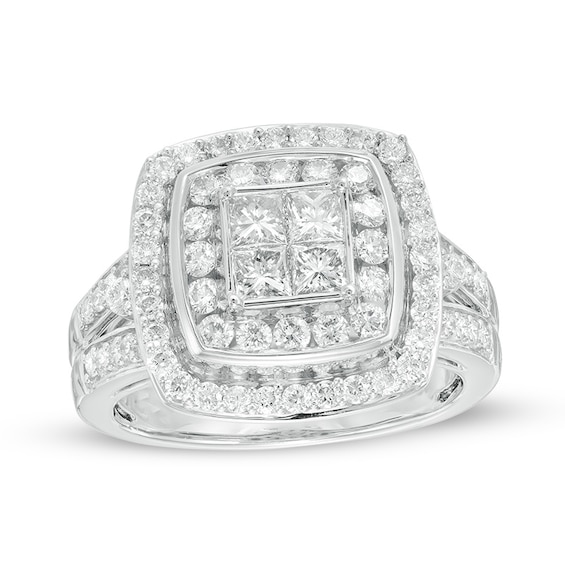 Previously Owned - 1-1/2 CT. T.w. Quad Princess-Cut Diamond Double Frame Split Shank Engagement Ring in 14K White Gold
