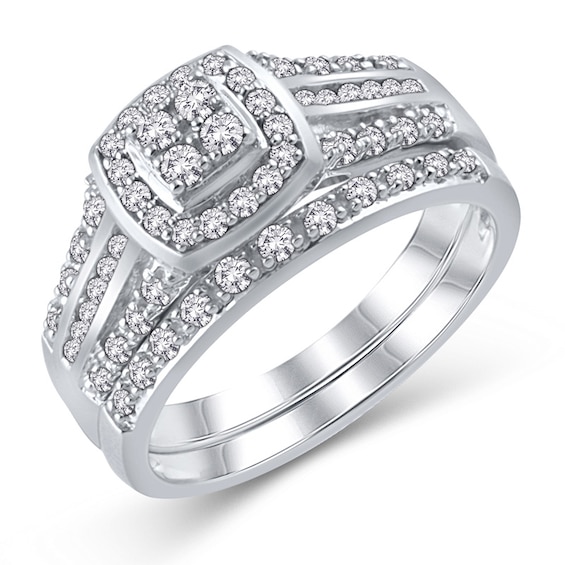 Previously Owned - 1/2 CT. T.w. Quad Diamond Cushion Frame Multi-Row Bridal Set in Sterling Silver