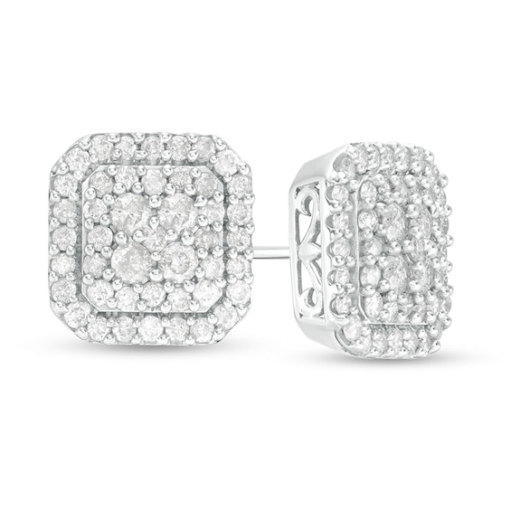 Previously Owned - 1-1/4 CT. T.w. Cushion-Shaped Multi-Diamond Frame Stud Earrings in 10K White Gold