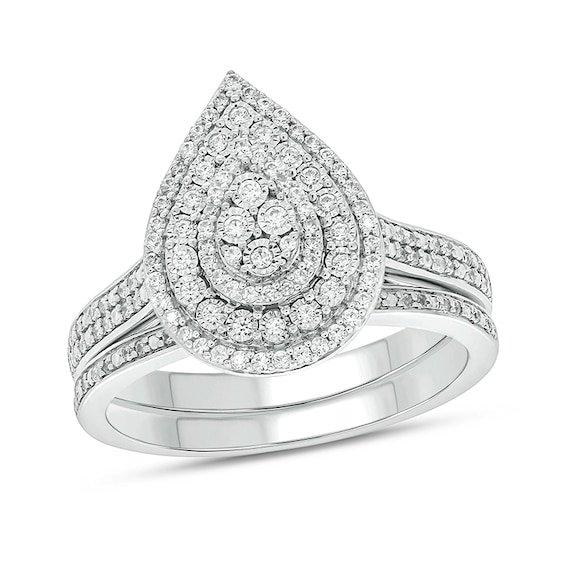 Previously Owned - 3/8 CT. T.w. Pear-Shaped Multi-Diamond Triple Frame Bridal Set in Sterling Silver