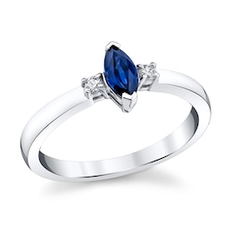 Previously Owned - Marquise-Cut Blue Sapphire and 1/20 CT. T.W. Diamond Three Stone Ring in 14K White Gold