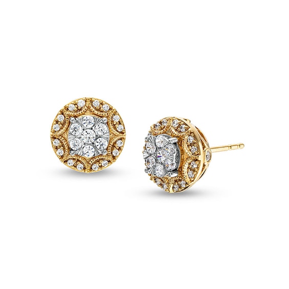 Previously Owned - 1/2 CT. T.w. Multi-Diamond Frame Vintage-Style Stud Earrings in 10K Gold