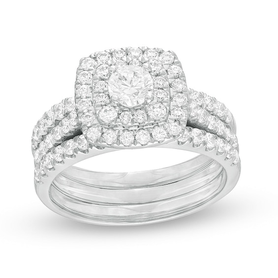 Previously Owned - 1-1/2 CT. T.w. Diamond Double Cushion Frame Three Piece Bridal Set in 10K White Gold