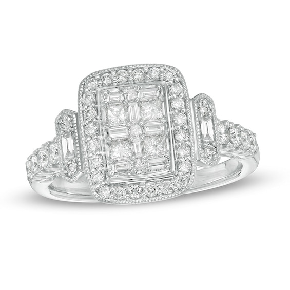 Previously Owned - 3/4 CT. T.w. Composite Diamond Rectangular Frame Vintage-Style Engagement Ring in 14K White Gold