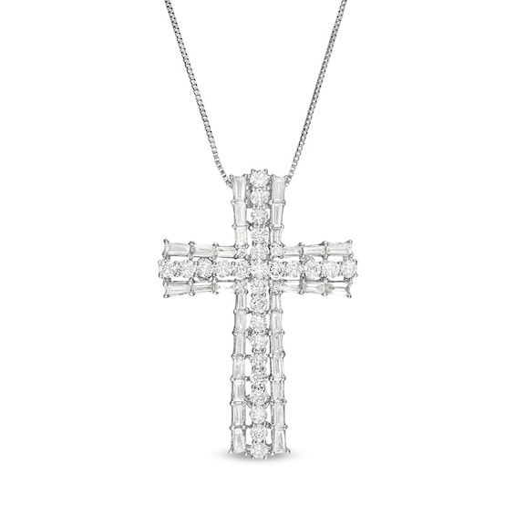 Previously Owned - 1-1/3 CT. T.w. Baguette and Round Diamond Cross Pendant in 10K White Gold