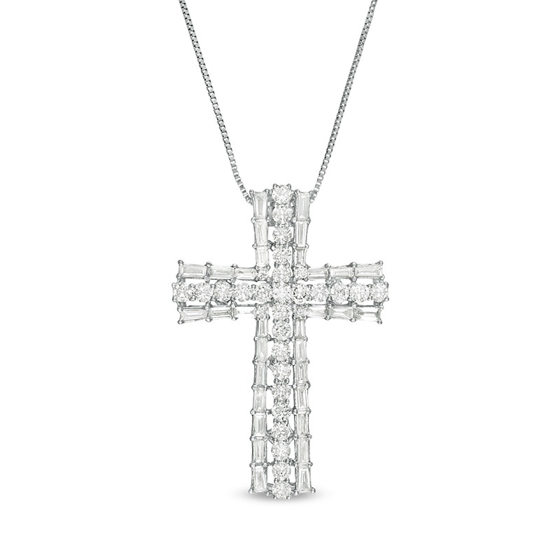 Main Image 1 of Previously Owned - 1-1/3 CT. T.W. Baguette and Round Diamond Cross Pendant in 10K White Gold