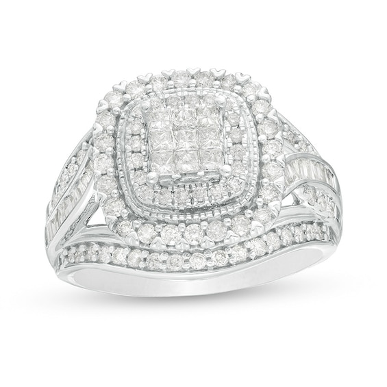 Previously Owned - 1 CT. T.w. Princess-Cut Multi-Diamond Double Frame Vintage-Style Engagement Ring in 10K White Gold