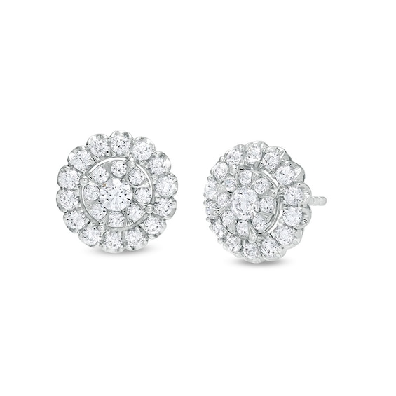 Previously Owned - 1 CT. T.w. Multi-Diamond Scallop Edge Frame Stud Earrings in 10K White Gold