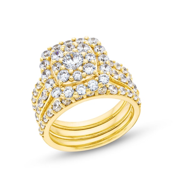 Previously Owned - 3 CT. T.w. Cushion Multi-Diamond Frame Three Piece Bridal Set in 14K Gold