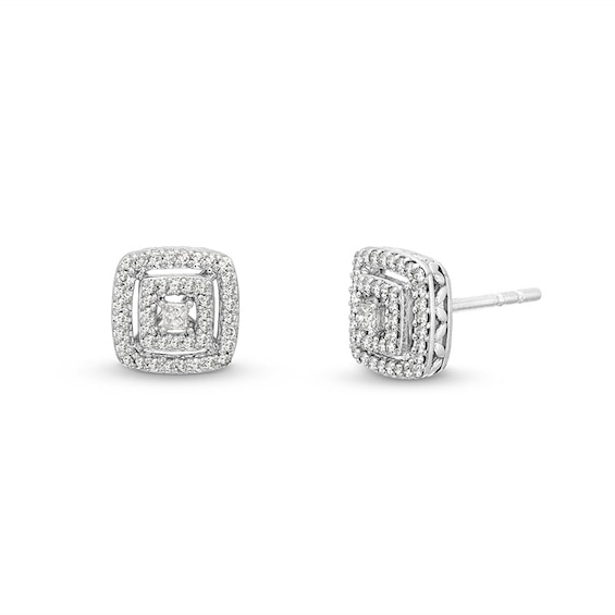 Previously Owned - 1/4 CT. T.w. Princess-Cut Diamond Double Cushion-Shaped Frame Stud Earrings in 10K White Gold