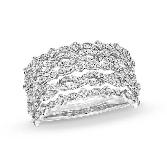 Previously Owned - 1/2 CT. T.w. Diamond Multi-Row Art Deco Ring in 10K White Gold
