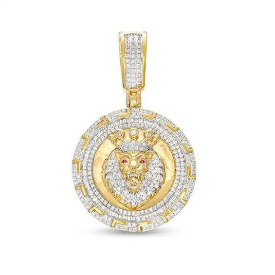 Previously Owned - 1 CT. T.w. Diamond and Lab-Created Ruby Lion Medallion Charm in 10K Gold