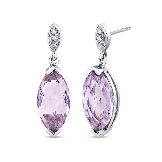 Previously Owned - Marquise-Cut Pink Quartz and 1/20 CT. T.w. Diamond Dangle Drop Earrings in 14K White Gold
