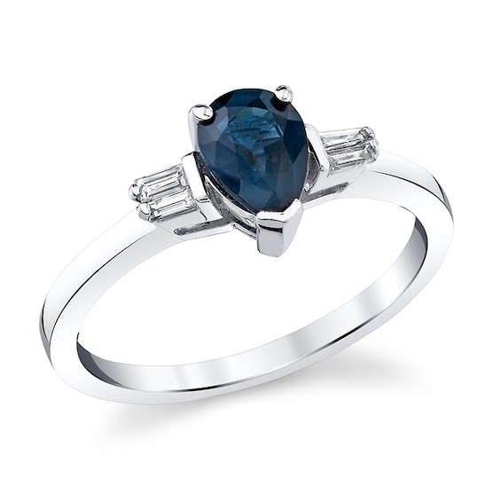 Previously Owned - Pear-Shaped Blue Sapphire and 1/8 CT. T.w. Baguette-Cut Diamond Collar Ring in 14K White Gold