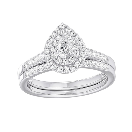 Previously Owned - 1/2 CT. T.w. Pear-Shaped Diamond Teardrop Double Frame Bridal Set in Sterling Silver